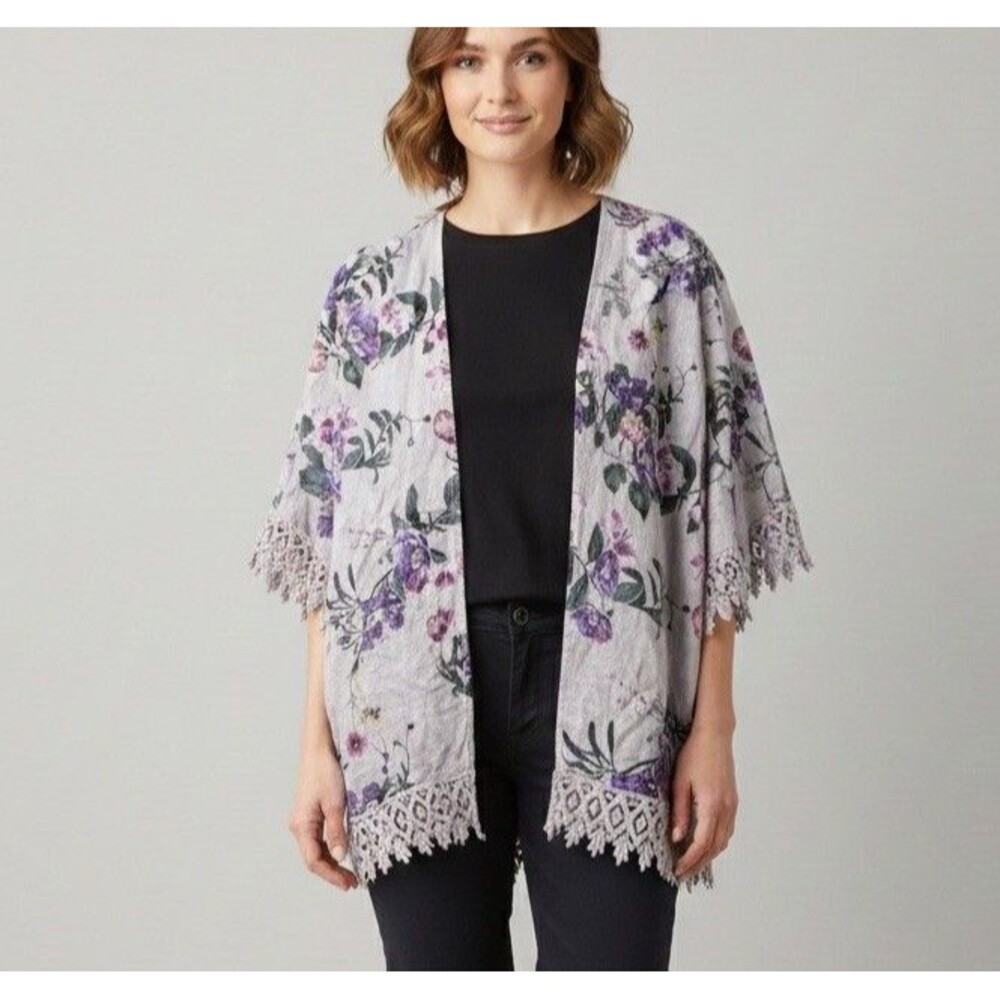 Valentina Naldi Floral Linen Medium Sleeve Cardigan Beige Italy Made Light Weigh